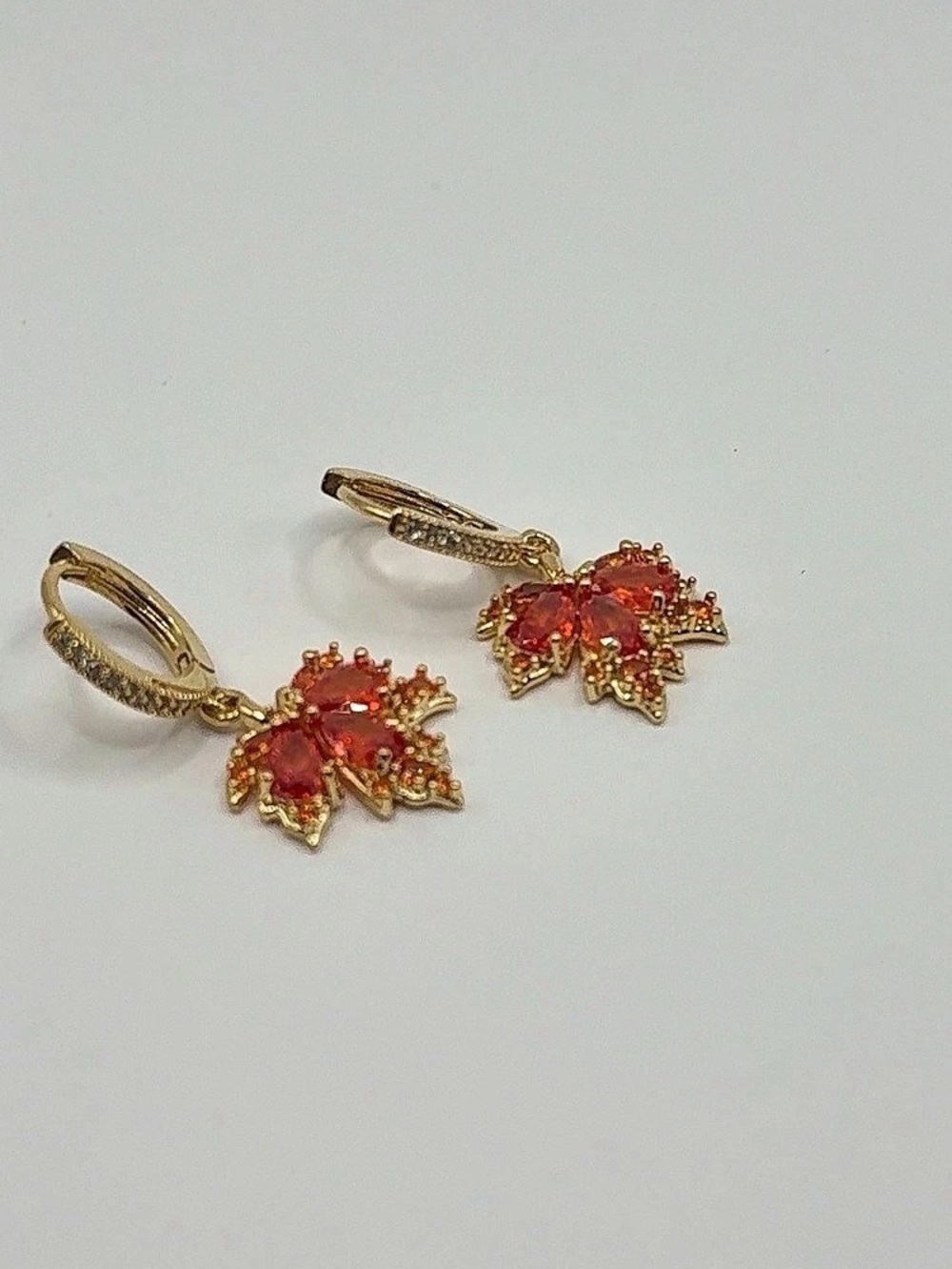 14K Gold Plated Maple Leaf CZ Huggie Hoop Earrings Red Orange Fall Autumn